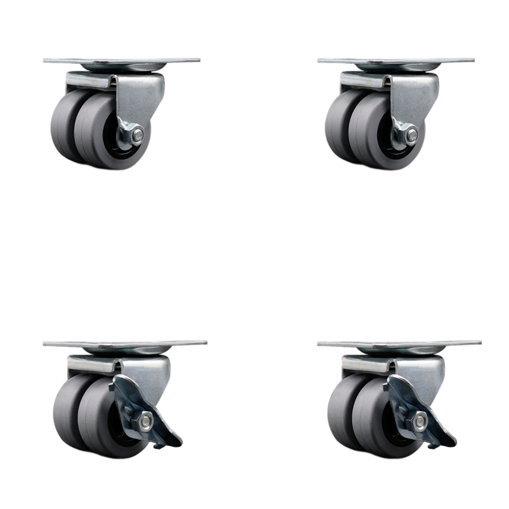 SCC-DW04S21316-TPRS-2-SLB-2 Low Profile Swivel Top Plate Dual Wheel Caster Set 2 in. Dual Thermoplastic Rubber Wheels
