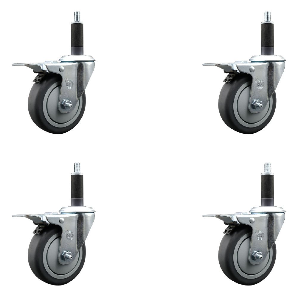 Stainless Steel Thermoplastic Rubber Swivel Expanding Stem Caster with 4 in. Gray Wheels & 1 in. Stems 4 Swivel with Total Locking Brakes - Set of 4