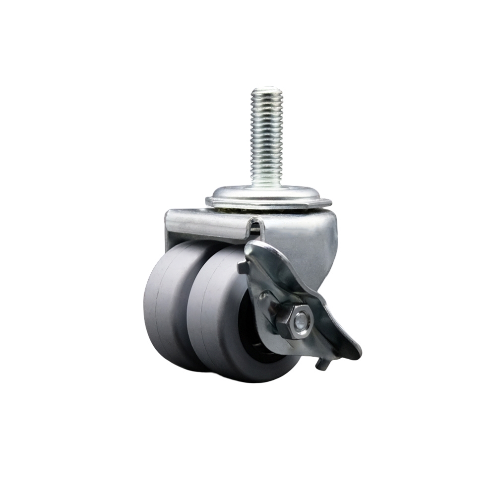 Low Profile Swivel Threaded Stem Dual Wheel Caster with Brake 2 in. Dual Thermoplastic Rubber Wheels 0.5 in. - 13 TPI by 1.5 in. Threaded Stem