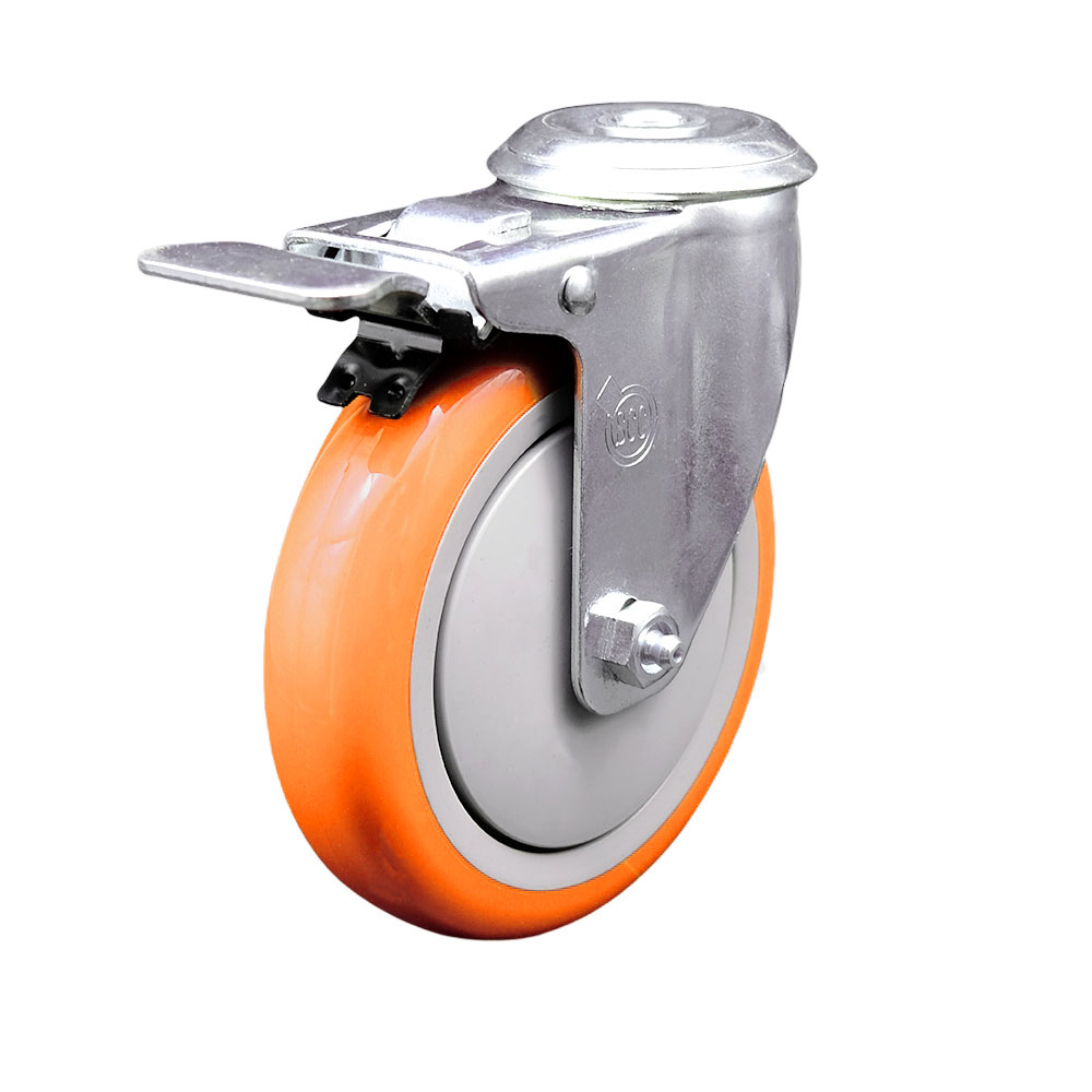 SCC-SSBHTTL20S514-PPUB-ORG Stainless Steel Polyurethane Swivel Bolt Hole Caster with 5 x 1.25 in. Orange Wheel & Total Locking Brake