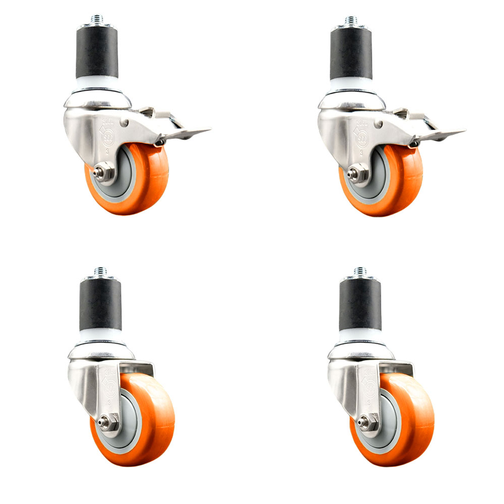 Polyurethane Swivel Stem Caster with 3.5 in. Orange Caster Wheels, 1.87 in. Expanding Stem - 316 Stainless Steel Casters - Set of 4