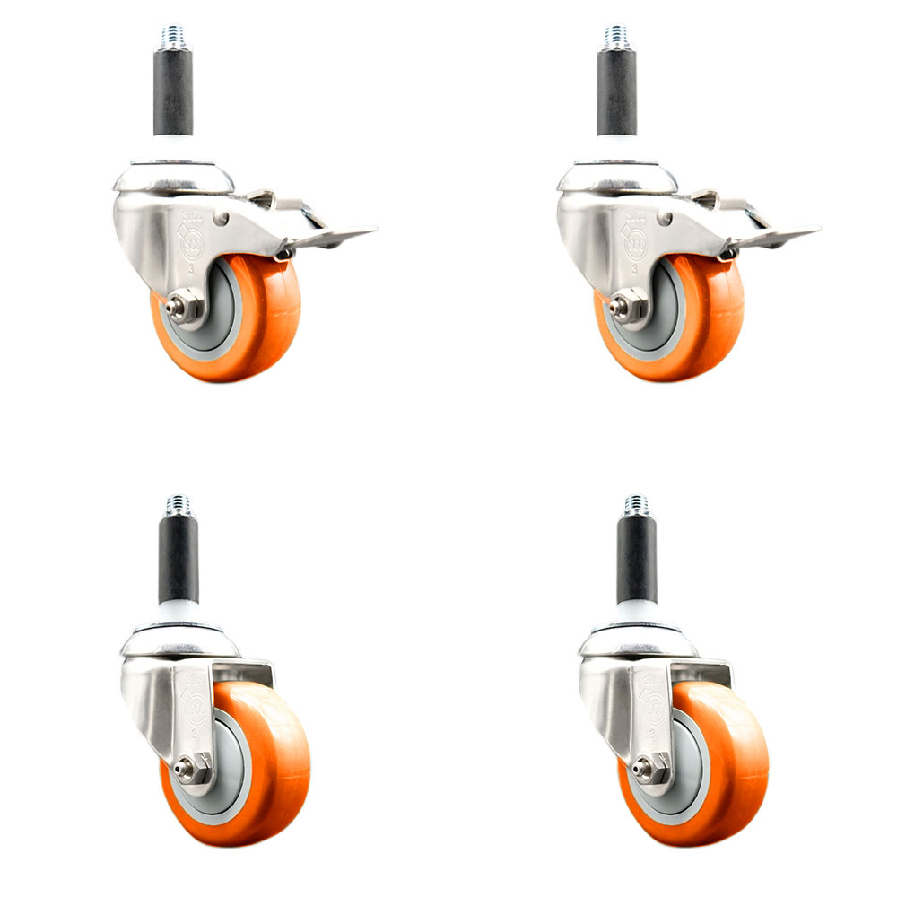 Polyurethane Swivel Stem Caster with 3.5 in. Orange Caster Wheels, 0.75 in. Expanding Stem - 316 Stainless Steel Casters - Set of 4