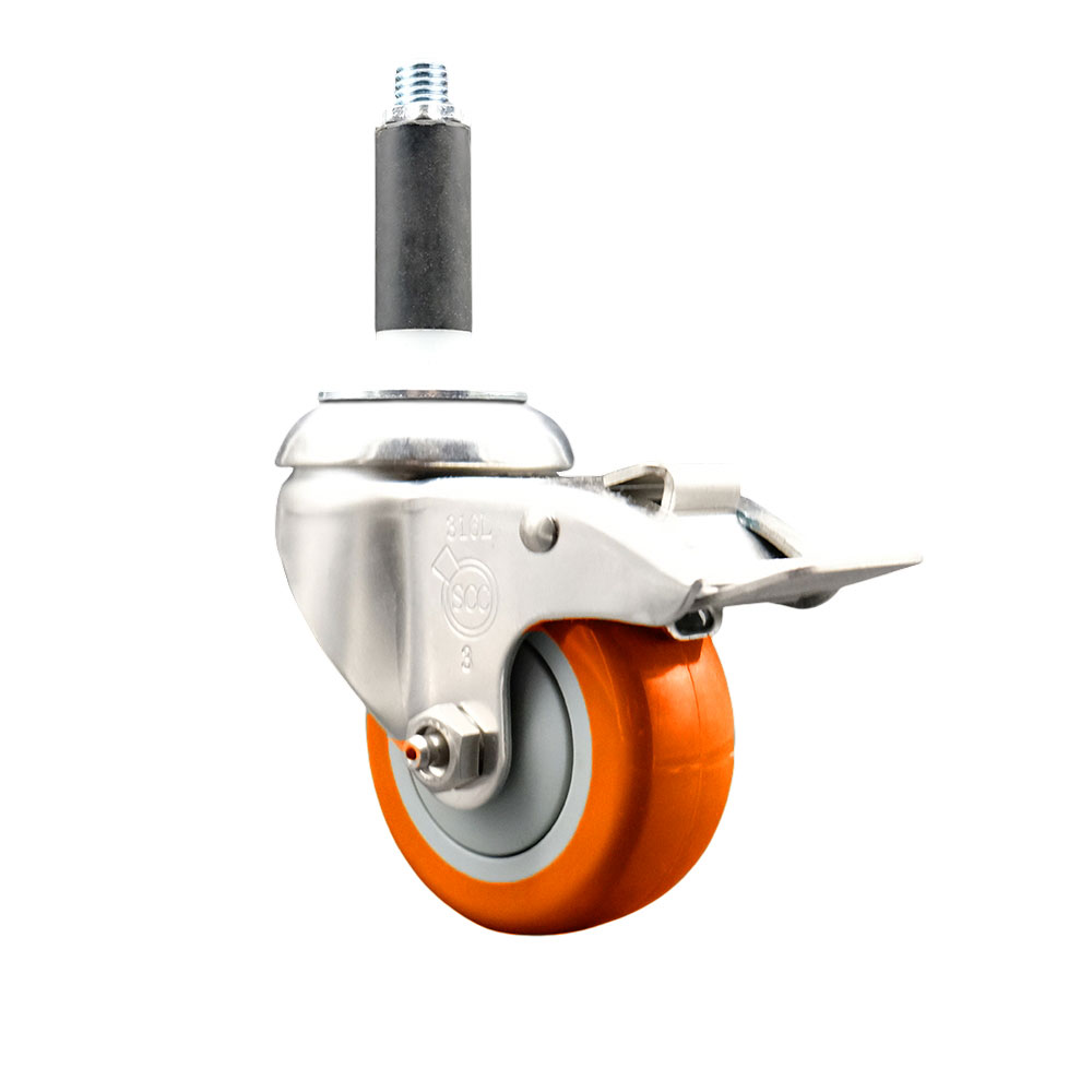 Polyurethane Swivel Stem Caster with 3.5 in. Orange Caster Wheels & Total Lock Brake, 0.75 in. Expanding Stem - 316 Stainless Steel Caster