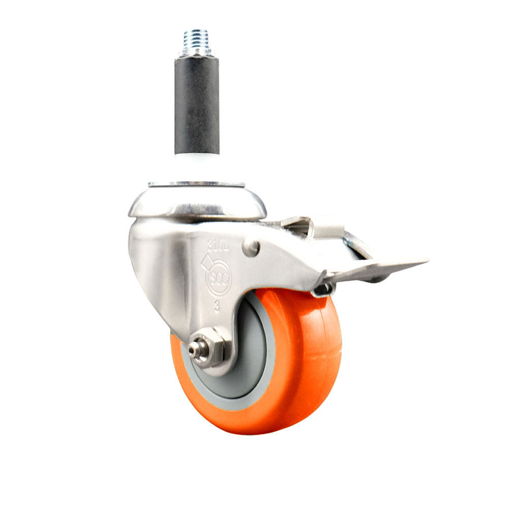 Polyurethane Swivel Stem Caster with 3.5 in. Orange Caster Wheels & Total Lock Brake, 0.87 in. Expanding Stem - 316 Stainless Steel Caster