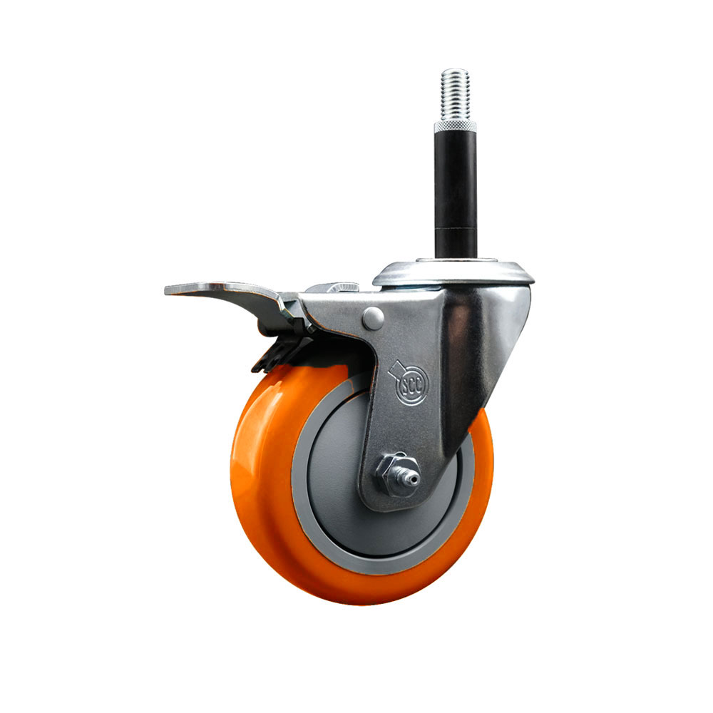 Polyurethane Swivel Stem Caster with 4 in. Orange Caster Wheels & Total Lock Brake, 0.75 in. Expanding Stem - 316 Stainless Steel Caster