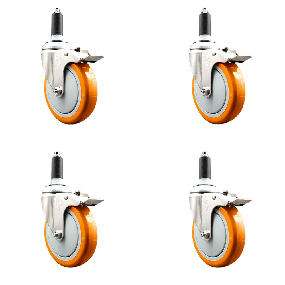 Polyurethane Swivel Stem Caster with 5 in. Orange Caster Wheels, 1 in. Expanding Stems - 316 Stainless Steel Casters - Set of 4