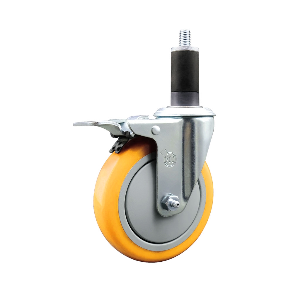 Polyurethane Swivel Stem Caster with 5 in. Yellow Caster Wheels & Total Lock Brake, 1.25 in. Expanding Stem - 316 Stainless Steel Caster
