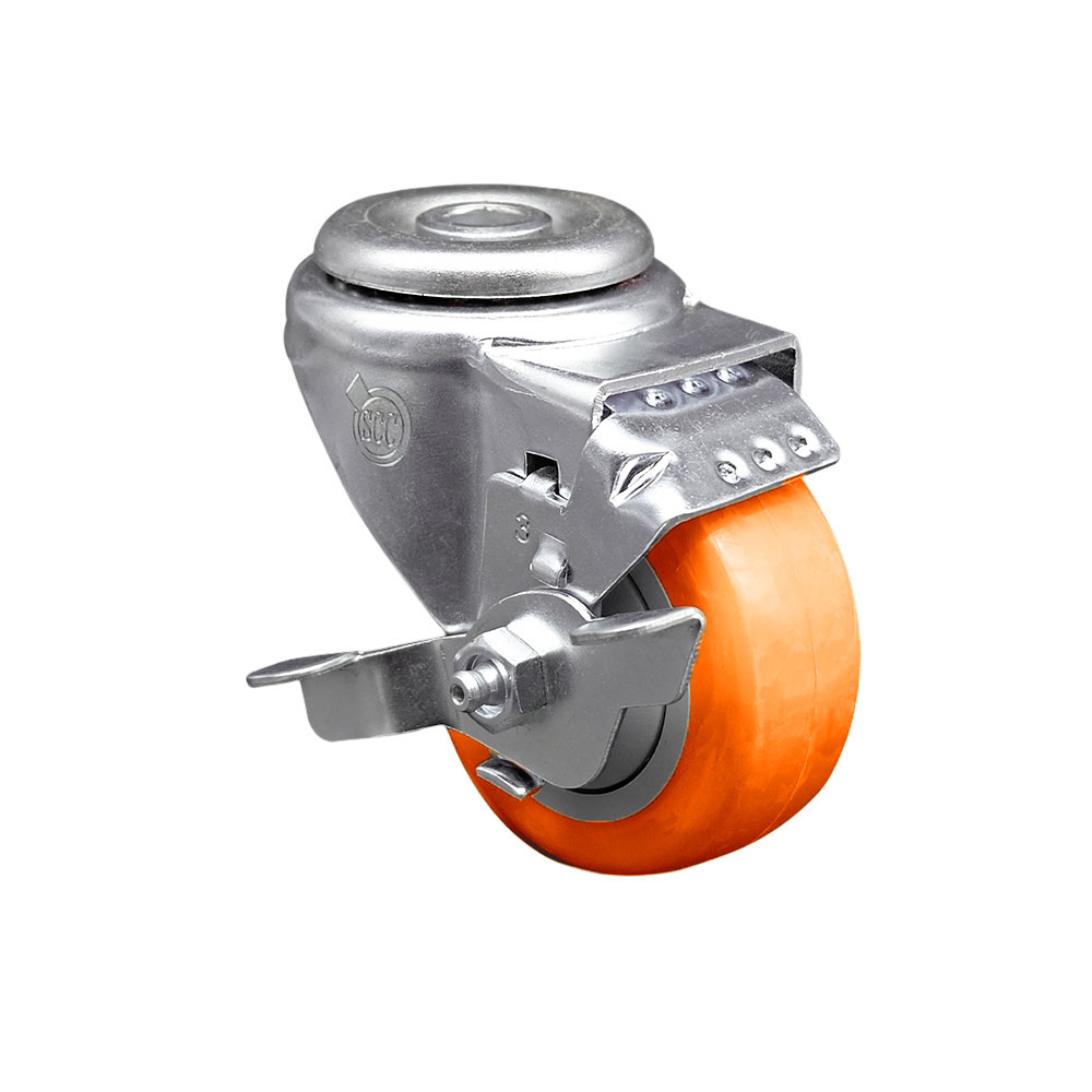 SCC-SSBH20S314-PPUB-ORG-TLB Stainless Steel Polyurethane Swivel Bolt Hole Caster with 3 x 1.25 in. Orange Wheel & Top Locking Brake