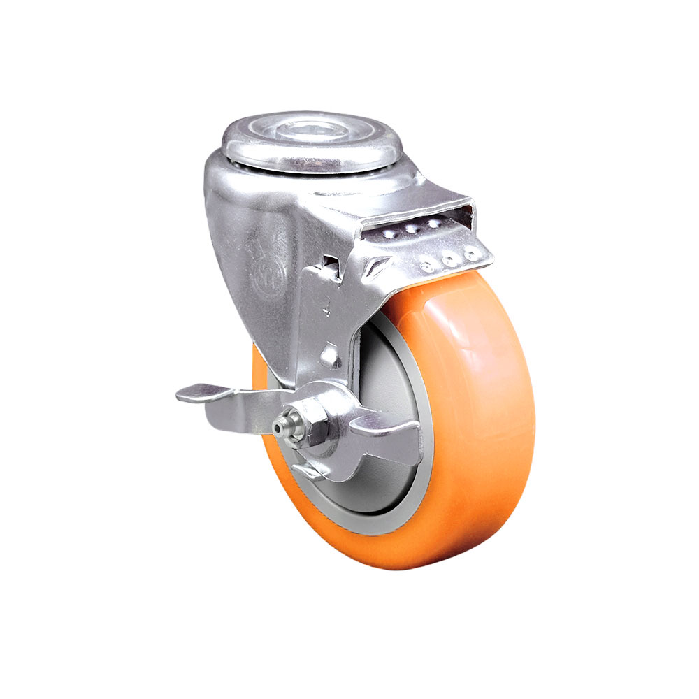 SCC-SSBH20S414-PPUB-ORG-TLB Stainless Steel Polyurethane Swivel Bolt Hole Caster with 4 x 1.25 in. Orange Wheel & Top Locking Brake