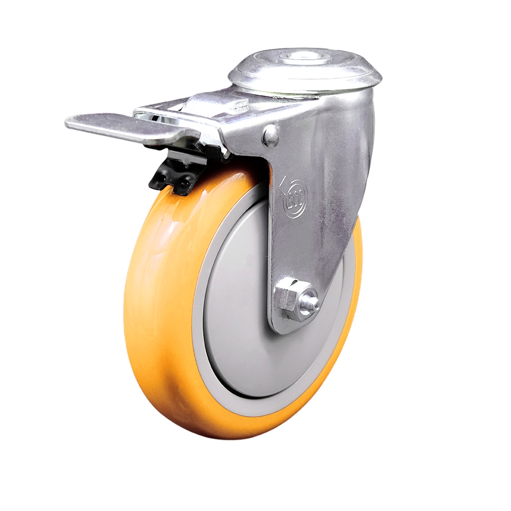 SCC-SSBHTTL20S514-PPUB-YEL Stainless Steel Polyurethane Swivel Bolt Hole Caster with 5 x 1.25 in. Yellow Wheel & Total Locking Brake