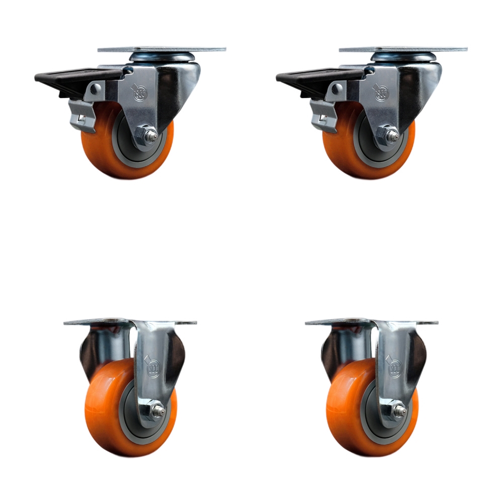SCC-20S314-PPUB-ORG-PLB-2-R-2 Polyurethane Swivel Top Plate Caster with 3 in. Orange Wheels - Set of 4