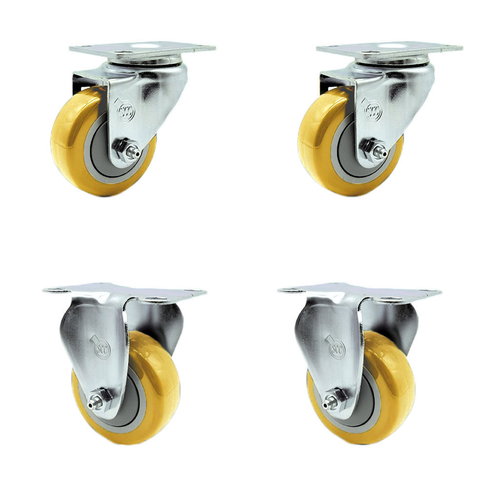 SCC-20S314-PPUB-YEL-TP2-2-R-2 Swivel Caster with 2 Rigid Casters, 3 in. Yellow Polyurethane Wheel - 3.13 x 4.13 in. Overall Top Plate - Set of 4