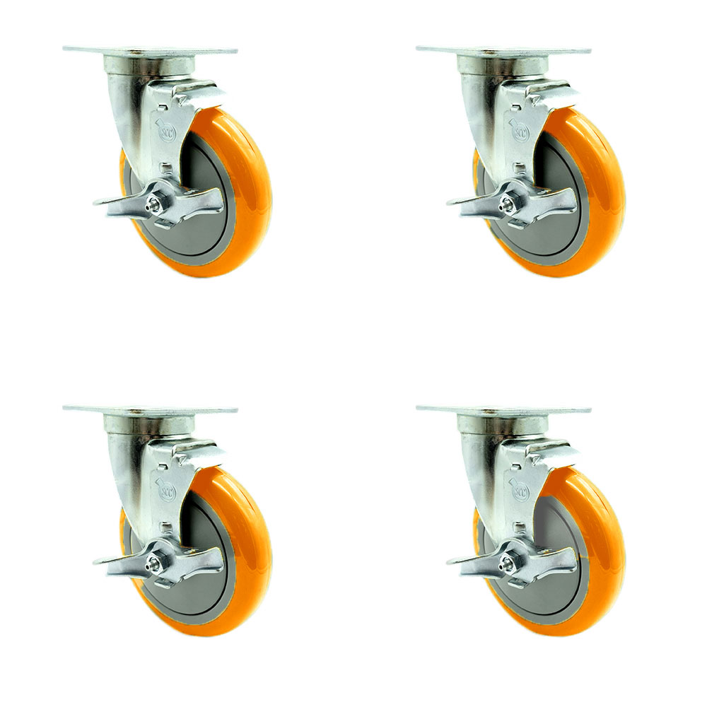 SCC-20S514-PPUB-ORG-TLB-TPU1-4 Universal Kitchen Casters 5 x 1.25 in. Polyurethane Orange Wheels Swivel Casters with Brakes - Non Marking - Set of 4