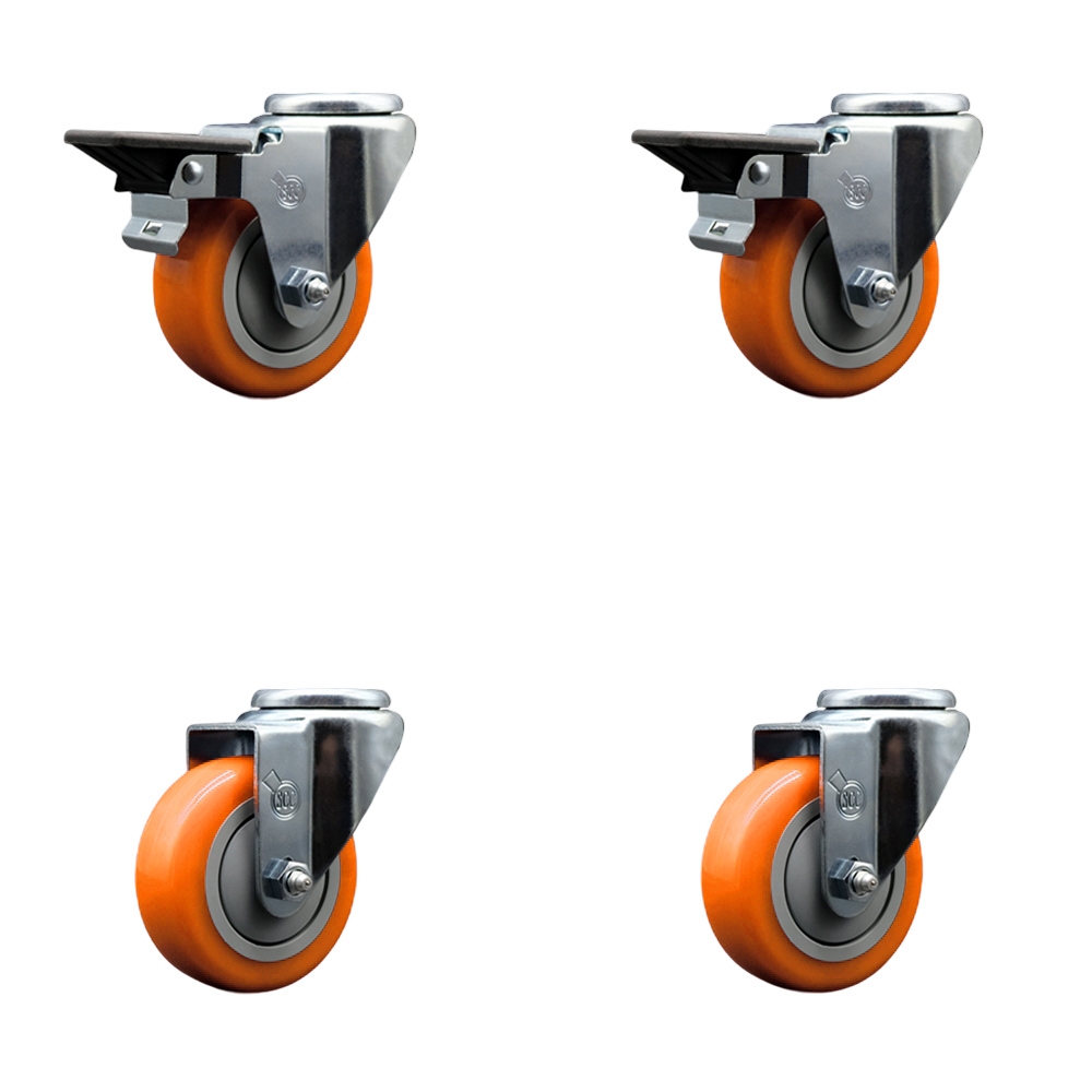 SCC-BH20S3514-PPUB-ORG-PLB-2-S-2 Polyurethane Swivel Bolt Hole Caster with 3.5 x 1.25 in. Orange Wheels - Set of 4