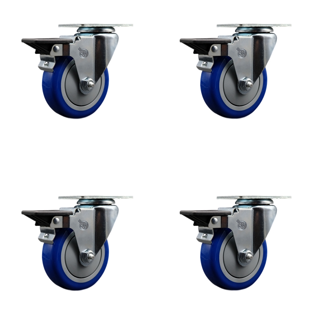 SCC-20S414-PPUB-BLUE-PLB-4 Polyurethane Swivel Top Plate Caster with 4 in. Blue Wheels - Set of 4