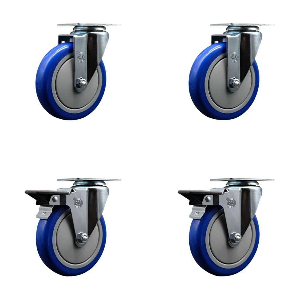 SCC-20S514-PPUB-BLUE-2-PLB-2 Polyurethane Swivel Top Plate Caster with 5 in. Blue Wheels - Set of 4