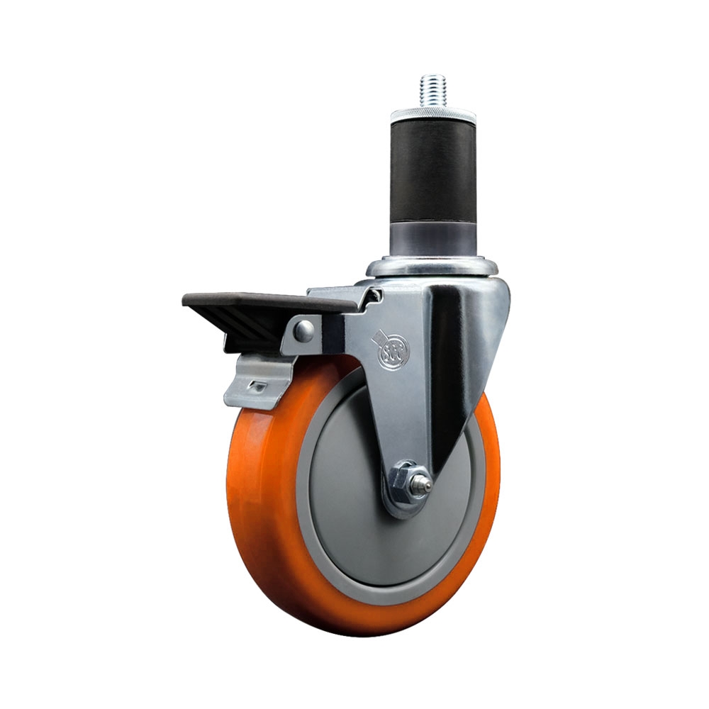 SCC-EX20S514-PPUB-ORG-PLB-158 Polyurethane Expanding Stem Swivel Caster with 5 in. Orange Wheel & 1.63 in. Stem & Posi Locking Brake