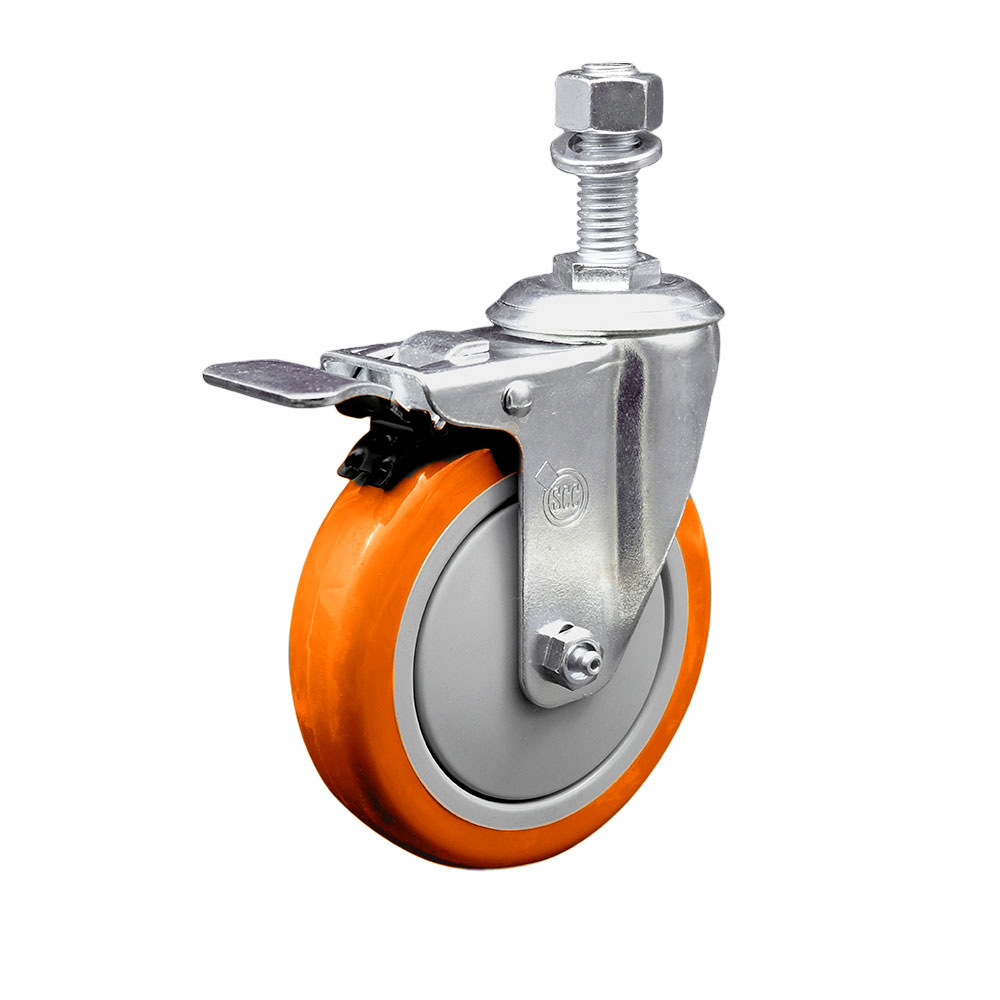 SCC-TSTTL20S514-PPUB-ORG-M1215 Polyurethane Swivel Threaded Stem Caster with 5 x 1.25 in. Orange Wheel & 12 mm Stem & Total Locking Brake