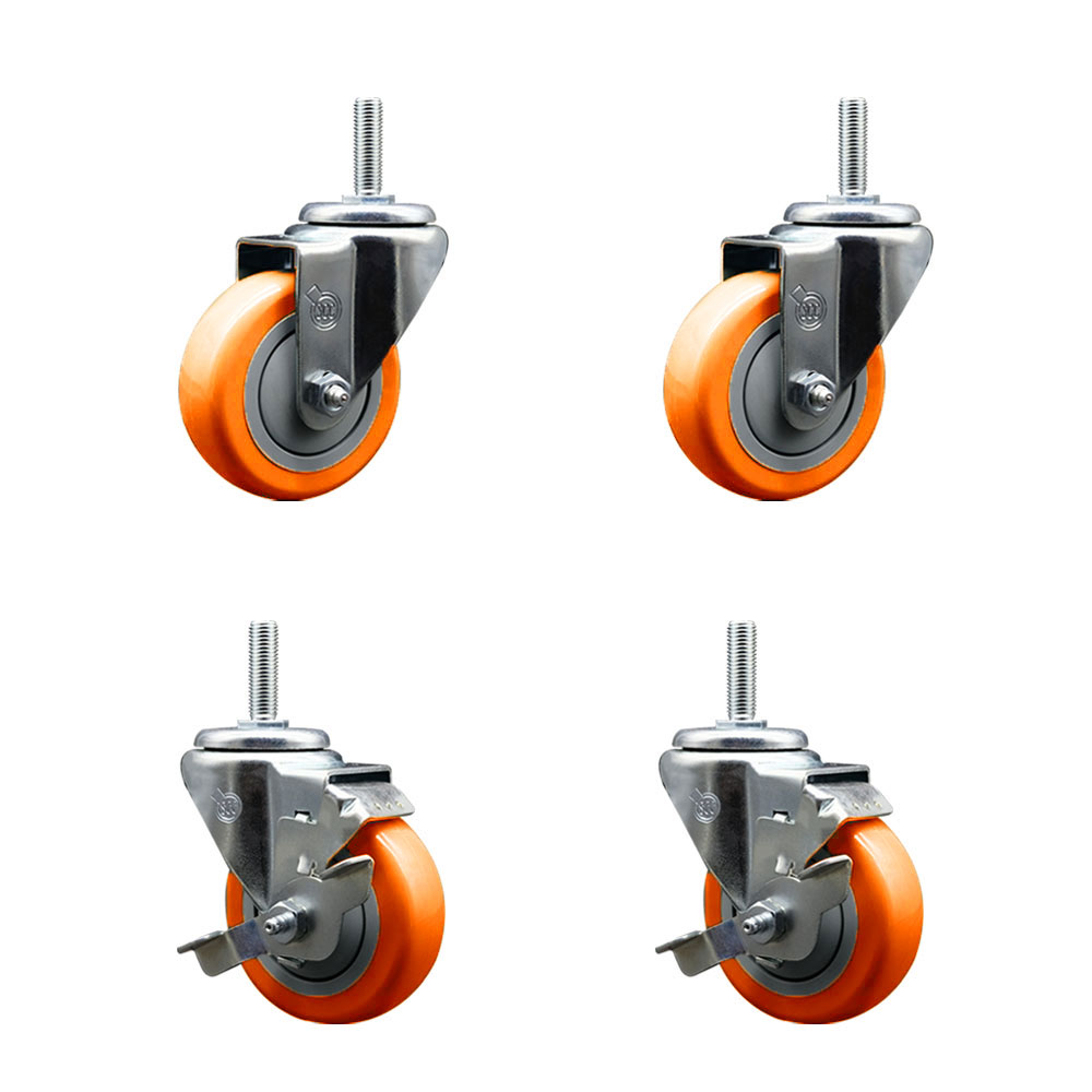 SCC-TS20S3514-PPUB-ORG-34212-2-TLB-2 Polyurethane Swivel Threaded Stem Caster with 3.5 x 1.25 in. Orange Wheels & 0.75 in. Stems - Set of 4