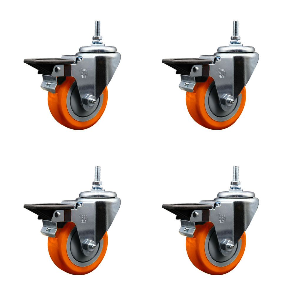 SCC-TS20S3514-PPUB-ORG-PLB-M1215-4 Polyurethane Swivel Threaded Stem Caster with 3.5 x 1.25 in. Orange Wheels & 12 mm Stems - Set of 4