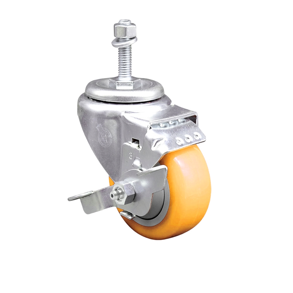 SCC-TS20S3514-PPUB-YEL-TLB-381615 Polyurethane Swivel Threaded Stem Caster with 3.5 x 1.25 in. Yellow Wheel & 0.38 in. Stem & Top Locking Brake