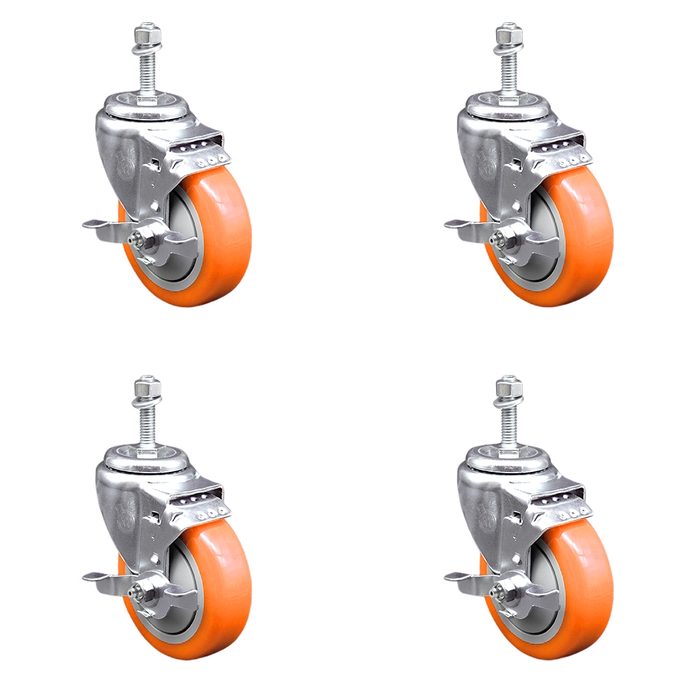 SCC-TS20S414-PPUB-ORG-TLB-M1015-4 Polyurethane Swivel Threaded Stem Caster with 4 x 1.25 in. Orange Wheels & 10 mm Stems - Set of 4