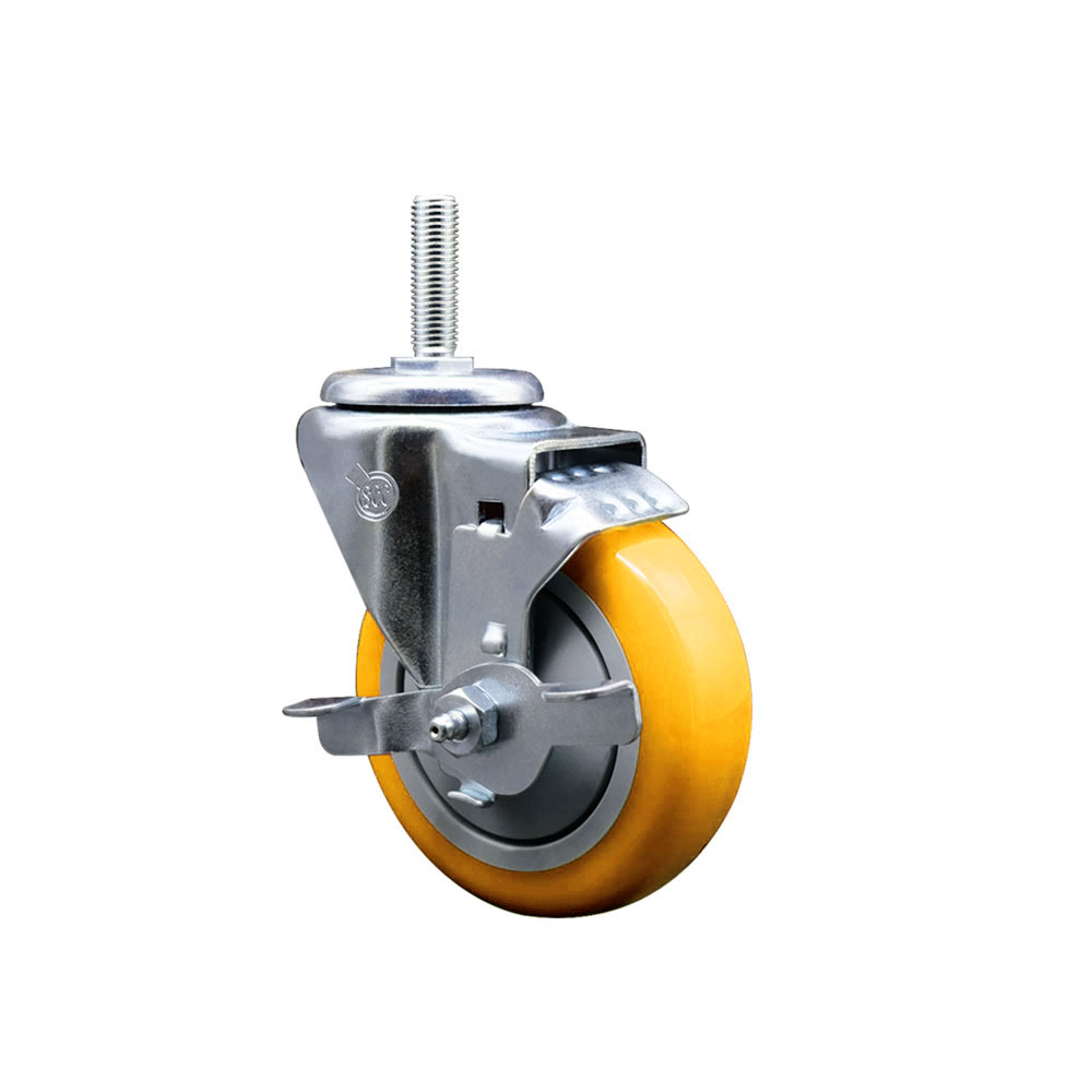 SCC-TS20S414-PPUB-YEL-TLB-58212 Polyurethane Swivel Threaded Stem Caster with 4 x 1.25 in. Yellow Wheel & 0.63 in. Stem & Top Locking Brake