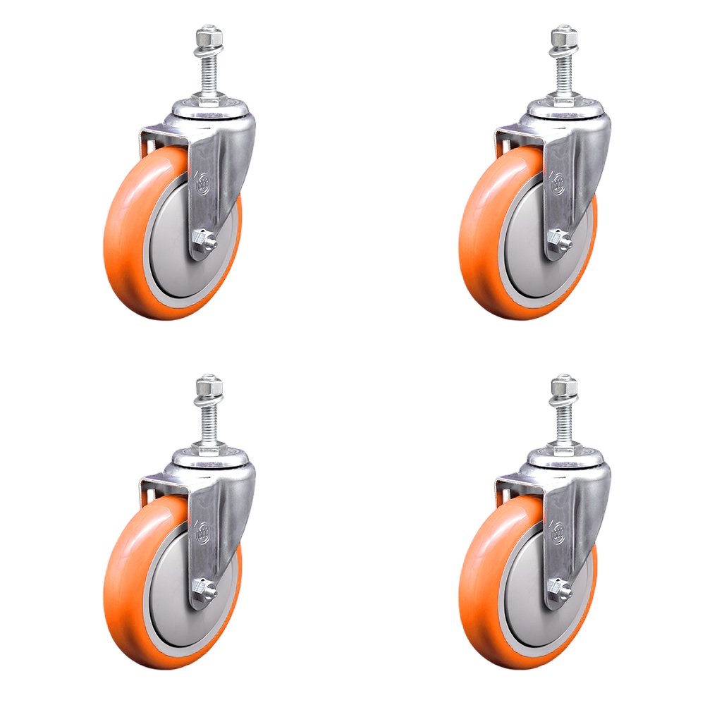 SCC-TS20S514-PPUB-ORG-M1015-4 Polyurethane Swivel Threaded Stem Caster with 5 x 1.25 in. Orange Wheels & 10 mm Stems - Set of 4