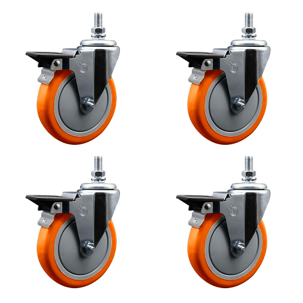 SCC-TS20S514-PPUB-ORG-PLB-M1015-4 Polyurethane Swivel Threaded Stem Caster with 5 x 1.25 in. Orange Wheels & 10 mm Stems - Set of 4