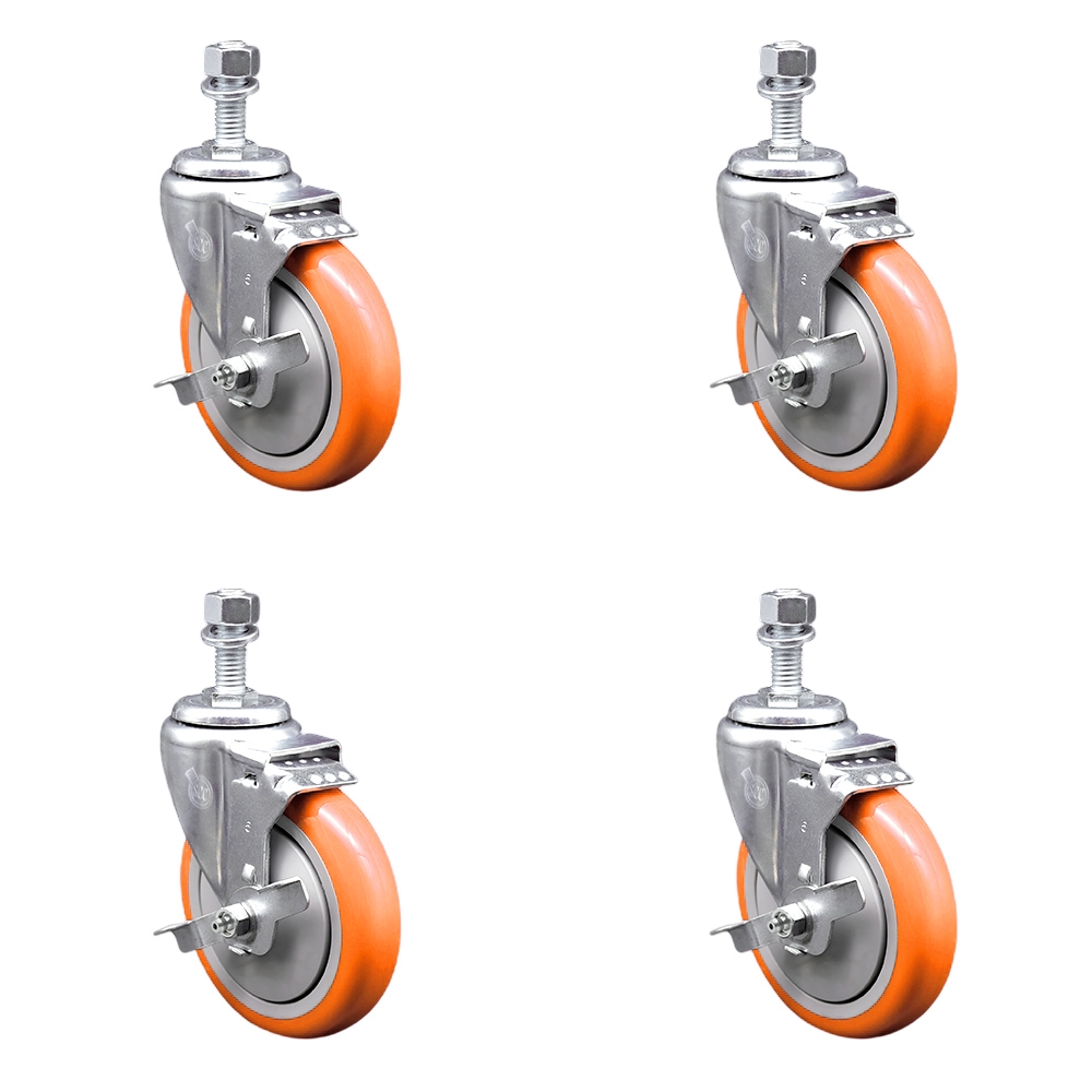 SCC-TS20S514-PPUB-ORG-TLB-M1215-4 Polyurethane Swivel Threaded Stem Caster with 5 x 1.25 in. Orange Wheels & 12 mm Stems - Set of 4