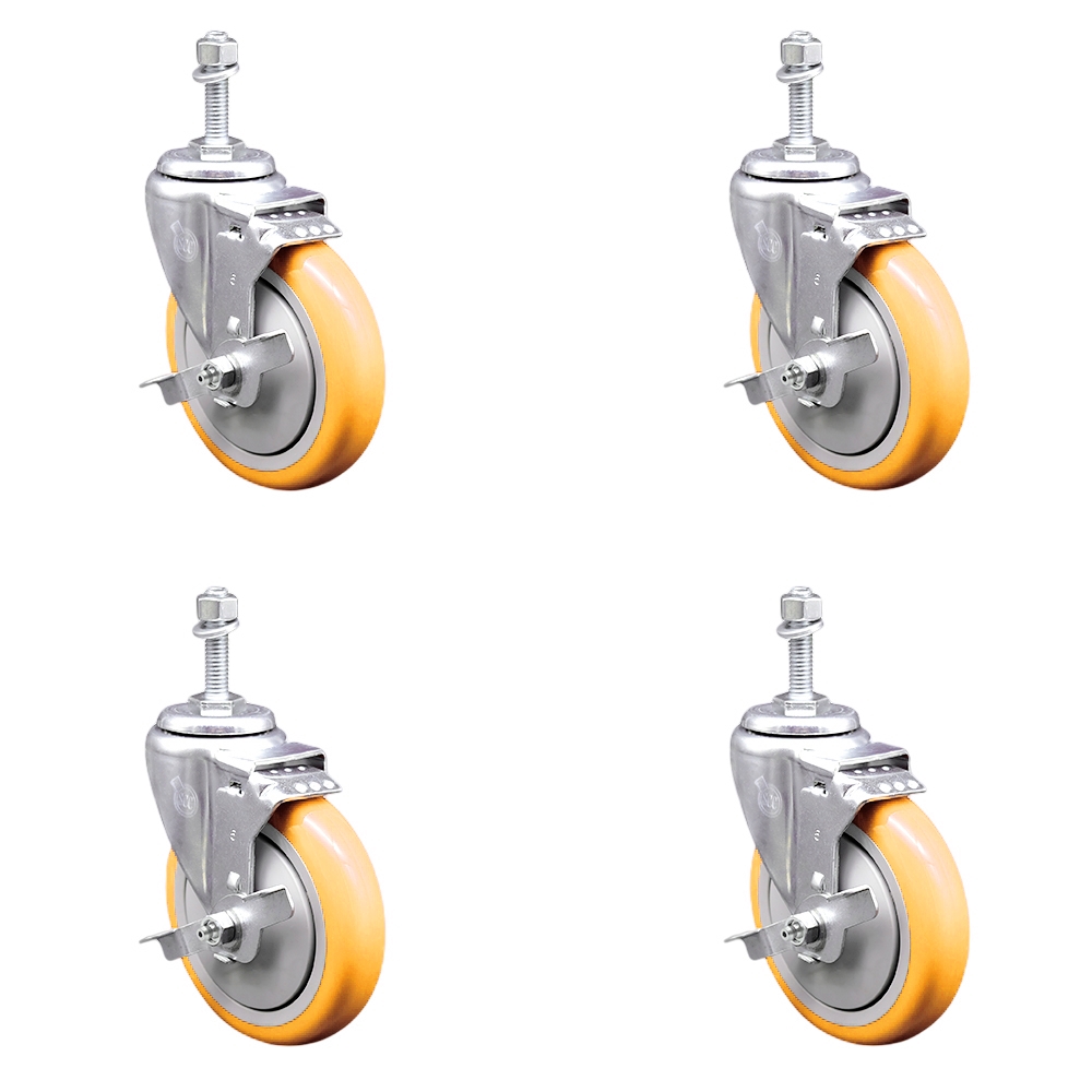 SCC-TS20S514-PPUB-YEL-TLB-M1015-4 Polyurethane Swivel Threaded Stem Caster with 5 x 1.25 in. Yellow Wheels & 10 mm Stems - Set of 4