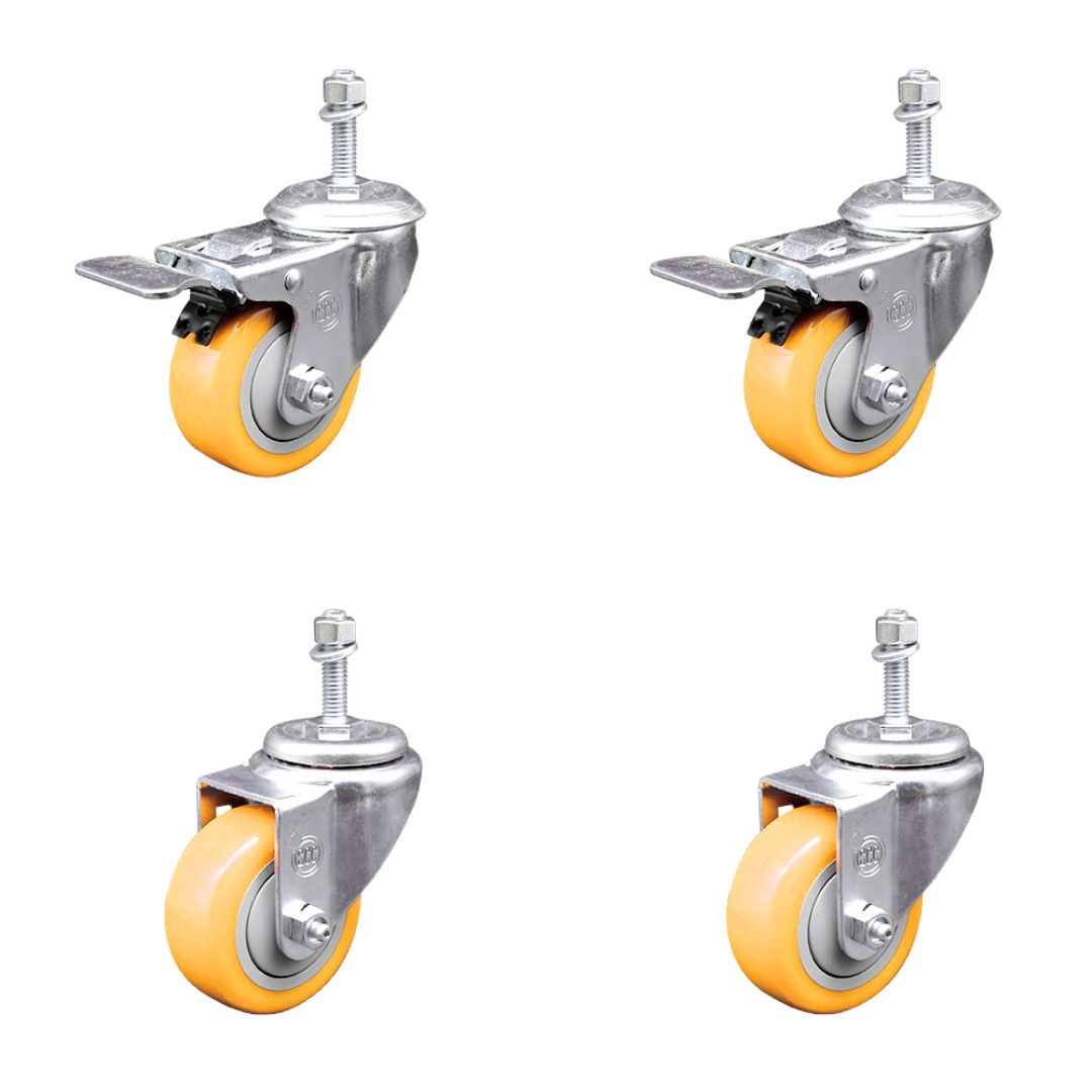 SCC-TSTTL20S314-PPUB-YEL-M1015-2-S-2 Polyurethane Swivel Threaded Stem Caster with 3 x 1.25 in. Yellow Wheels & 10 mm Stems - Set of 4