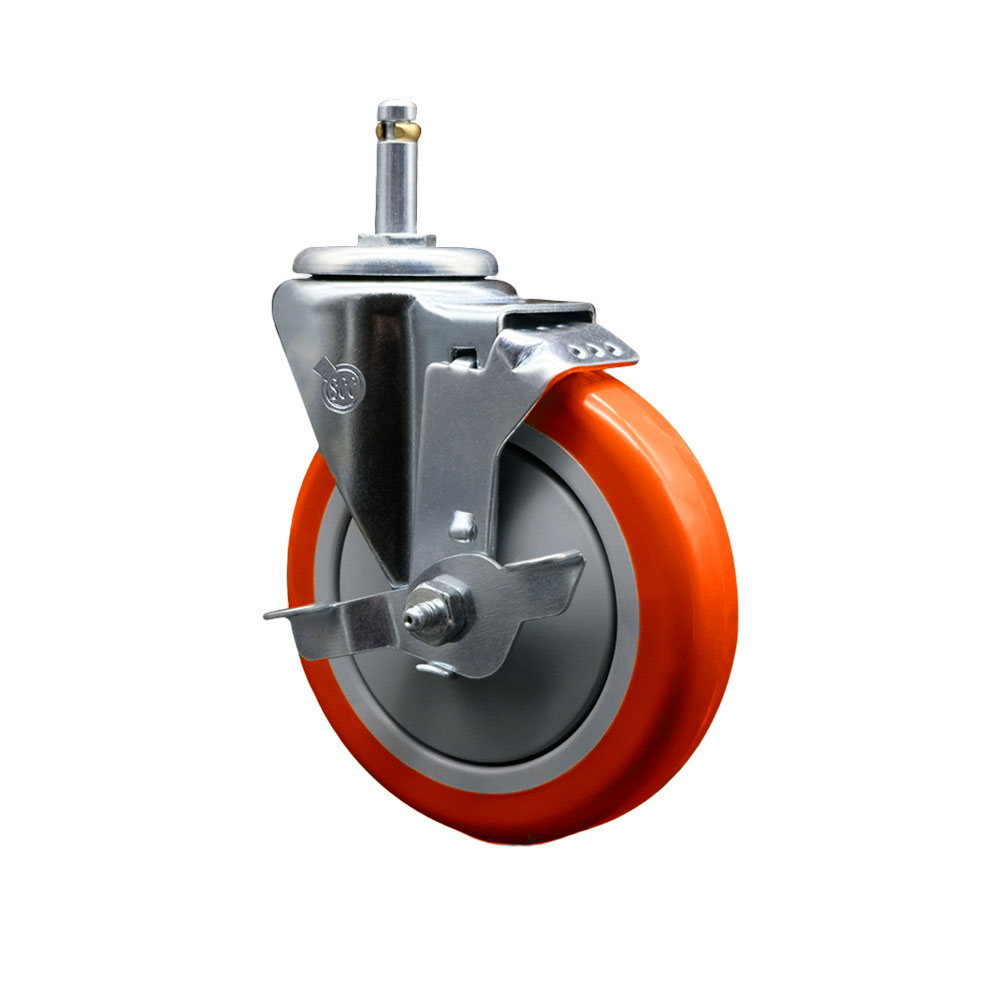 SCC-GR20S514-PPUB-ORG-TLB-716138 Polyurethane Swivel Grip Ring Stem Caster with 5 x 1.25 in. Orange Wheel & 0.43 in. Stem & Top Locking Brake