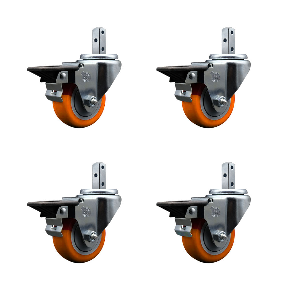 Swivel Square Stem Caster with 3 x 1.25 in. Orange Poly Wheel, 0.87 x 2 in. Square Stem with 3 0.26 in. Diameter Mounting Holes - Set of 4