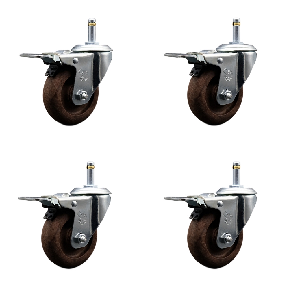 High Temperature Glass Filled Nylon Swivel Grip Ring Stem Caster with 4 x 1.25 in. Brown Wheels & 0.43 in. Stems - Set of 4