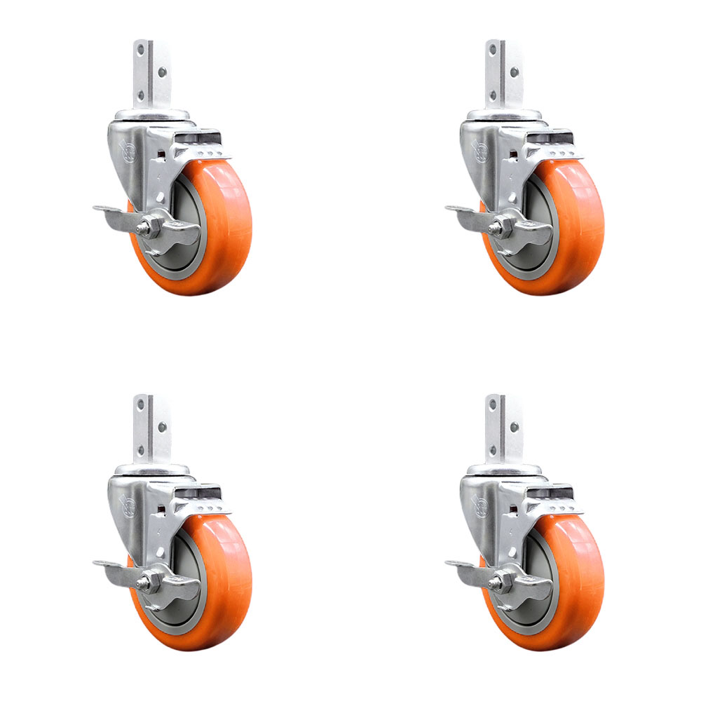 Swivel Square Stem Caster with 4 x 1.25 in. Orange Poly Wheel, 0.75 x 2 in. Square Stem with 3 0.26 in. Diameter Mounting Holes - Set of 4