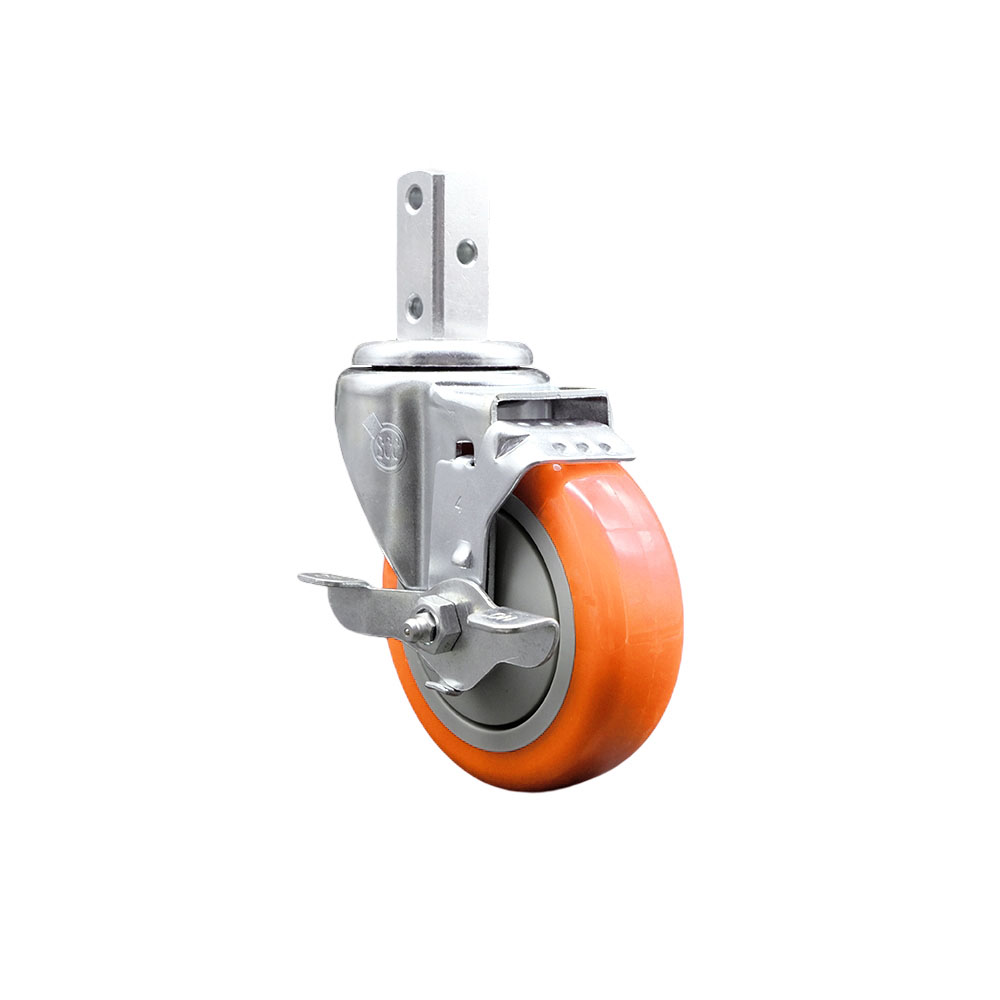 Swivel Square Stem Caster with 4 x 1.25 in. Orange Polyurethane Wheel, 0.87 x 2 in. Square Stem with 3 0.26 in. Diameter Mounting Holes