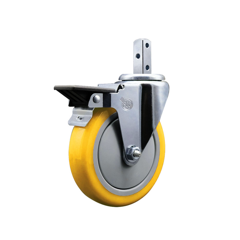 Swivel Square Stem Caster with 5 x 1.25 in. Yellow Polyurethane Wheel, 0.75 x 2 in. Square Stem with 3 0.26 in. Diameter Mounting Holes
