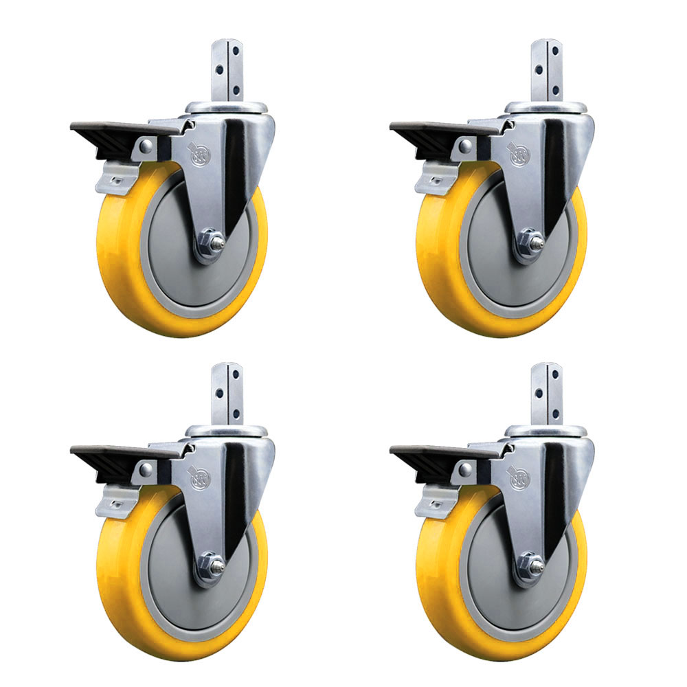 Swivel Square Stem Caster with 5 x 1.25 in. Yellow Poly Wheel, 0.75 x 2 in. Square Stem with 3 0.26 in. Diameter Mounting Holes - Set of 4