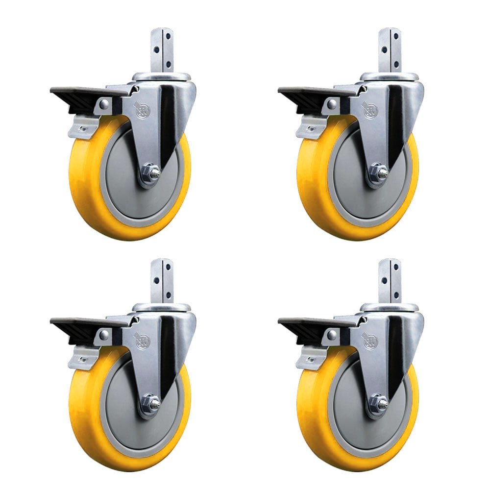 Swivel Square Stem Caster with 5 x 1.25 in. Yellow Poly Wheel, 0.87 x 2 in. Square Stem with 3 0.26 in. Diameter Mounting Holes - Set of 4
