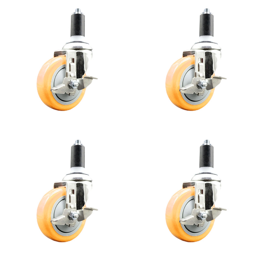 Polyurethane Swivel Stem Caster with 4 in. Yellow Caster Wheels, 1.38 in. Expanding Stems - 316 Stainless Steel Casters - Set of 4