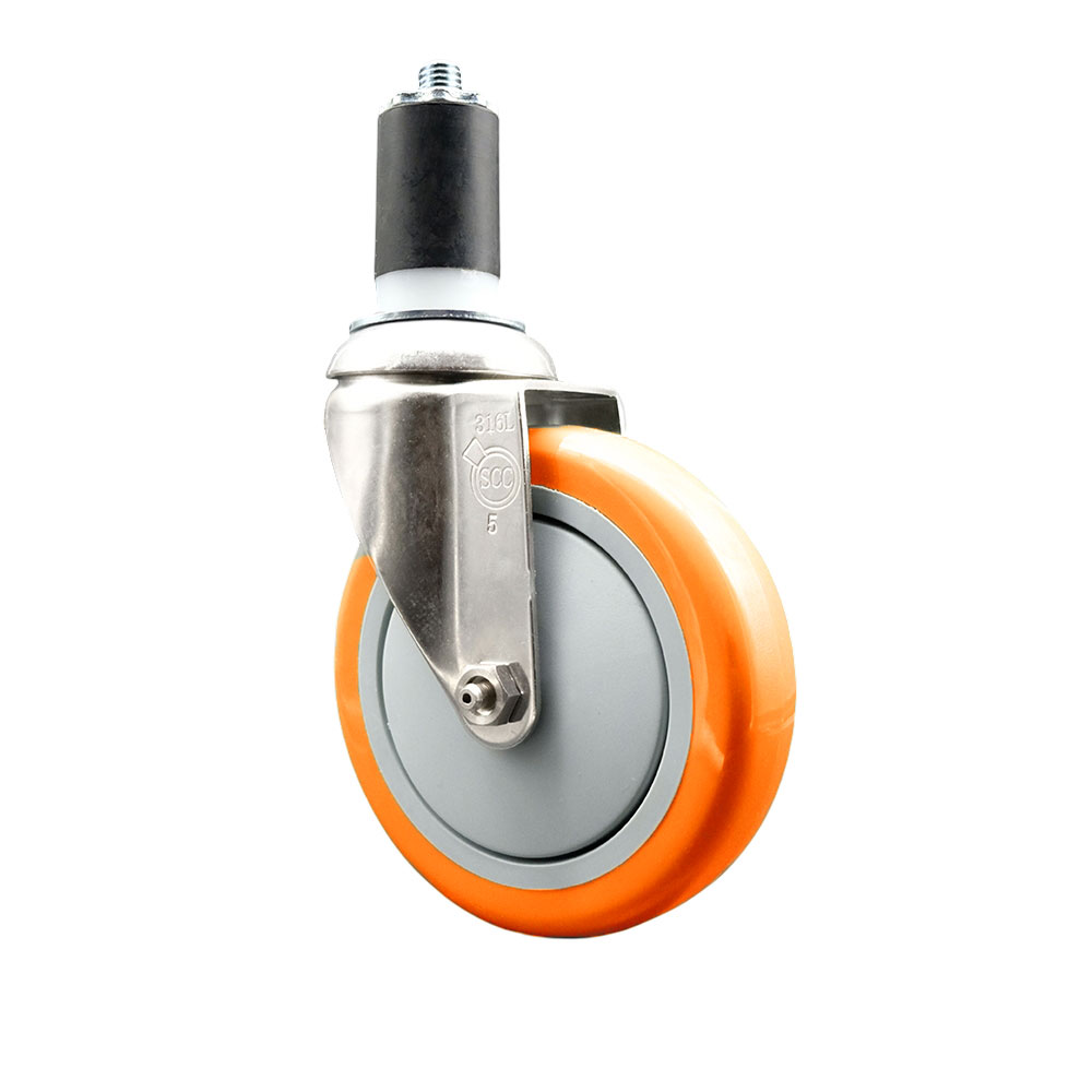 Polyurethane Swivel Stem Caster with 5 in. Orange Caster Wheels, 1.5 in. Expanding Stem - 316 Stainless Steel Caster