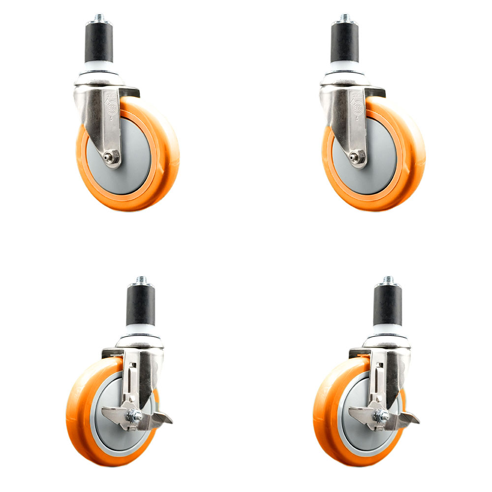 Polyurethane Swivel Stem Caster with 5 in. Orange Caster Wheels, 1.5 in. Expanding Stems - 316 Stainless Steel Casters - Set of 4