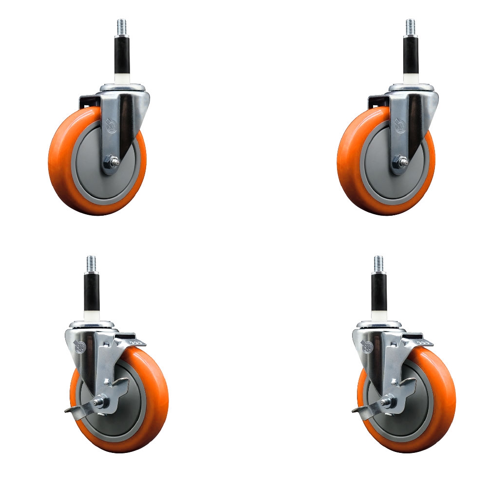 Polyurethane Swivel Stem Caster with 5 in. Orange Caster Wheels, 0.87 in. Expanding Stems - 316 Stainless Steel Casters - Set of 4