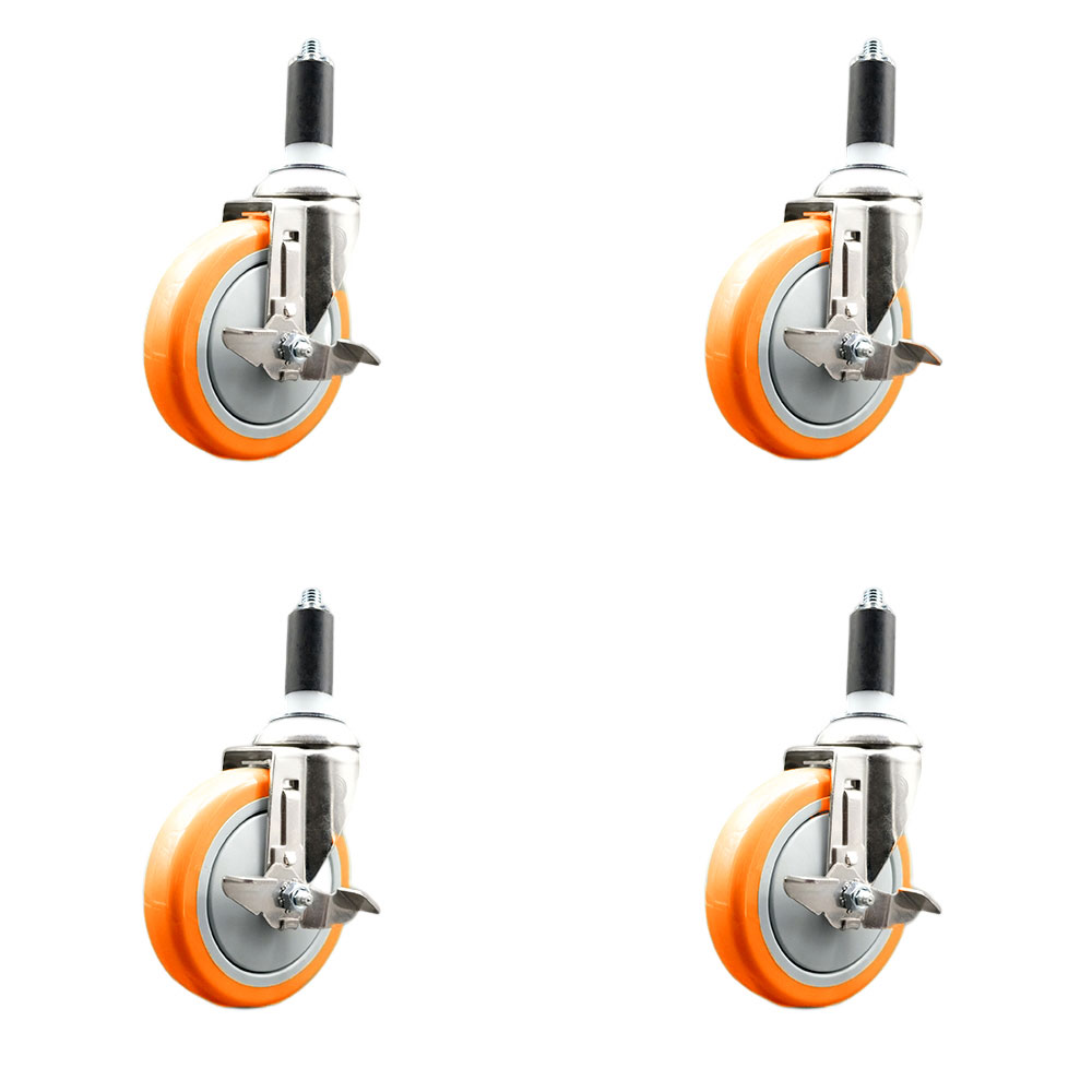 Polyurethane Swivel Stem Caster with 5 in. Orange Caster Wheels, 1.25 in. Expanding Stems - 316 Stainless Steel Casters - Set of 4