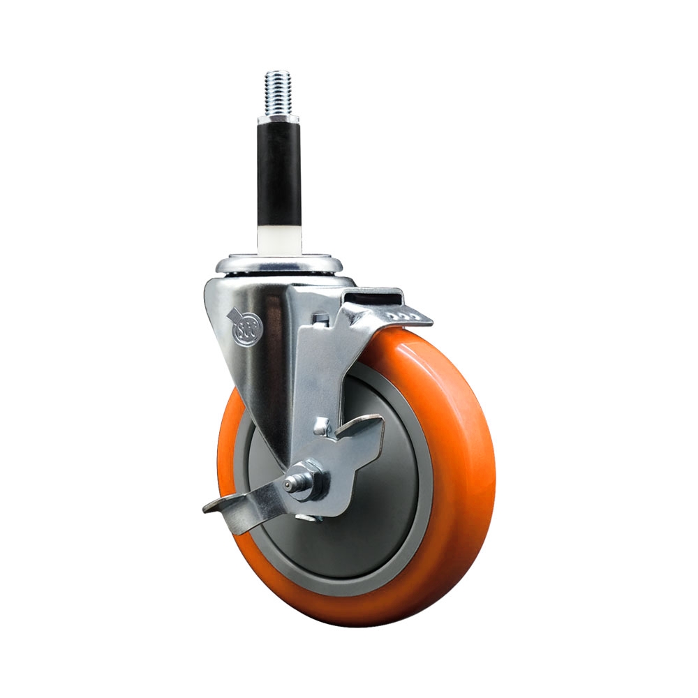 Polyurethane Swivel Stem Caster with 5 in. Orange Caster Wheels & Top Lock Brake, 0.87 in. Expanding Stem - 316 Stainless Steel Caster