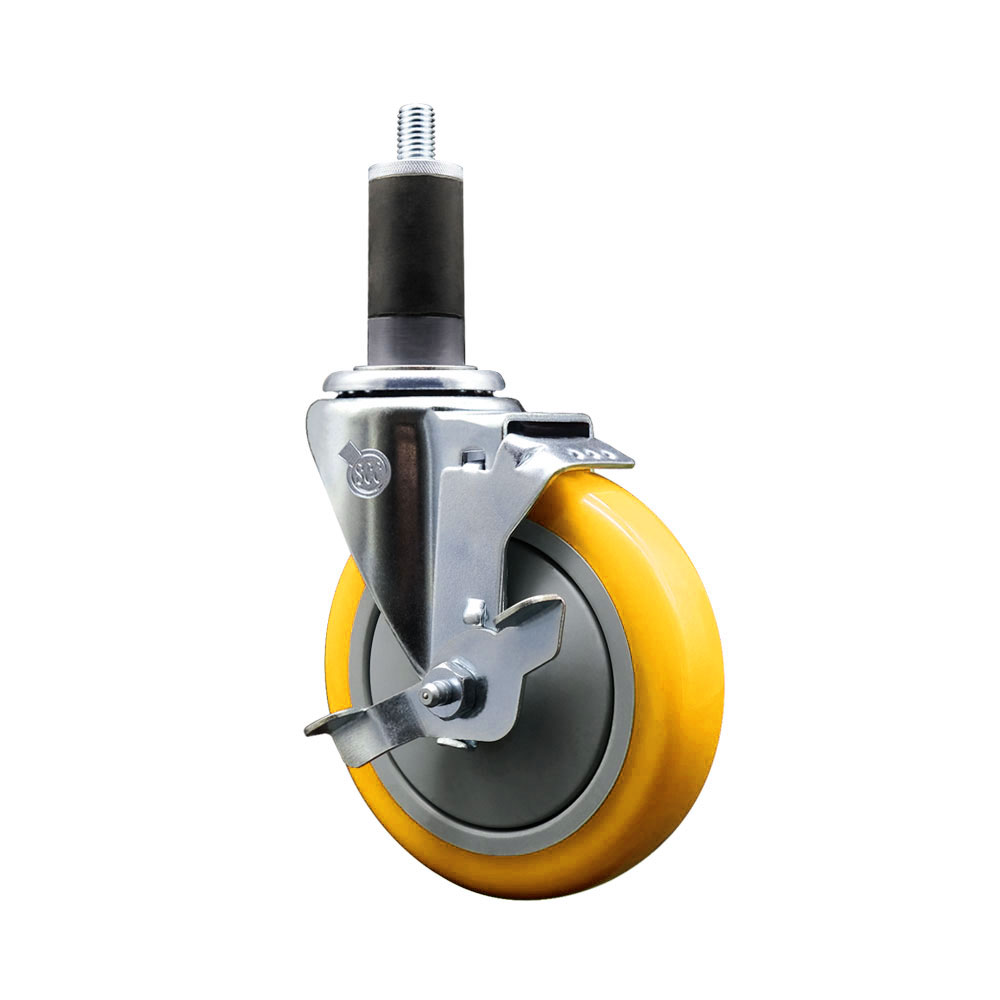 Polyurethane Swivel Stem Caster with 5 in. Yellow Caster Wheels & Top Lock Brake, 1.25 in. Expanding Stem - 316 Stainless Steel Caster