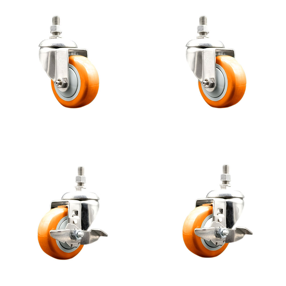 Poly Swivel Stem Caster with 3 in. Orange Caster Wheels, 0.38 in. Threaded Stems - 316 Stainless Steel Casters - Set of 4
