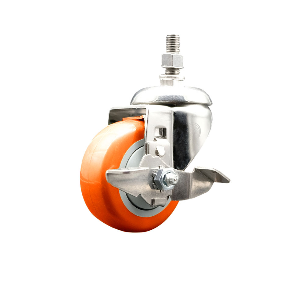 Polyurethane Swivel Stem Caster with 3.5 in. Orange Caster Wheels & Top Lock Brake, 0.38 in. Threaded Stem - 316 Stainless Steel Caster