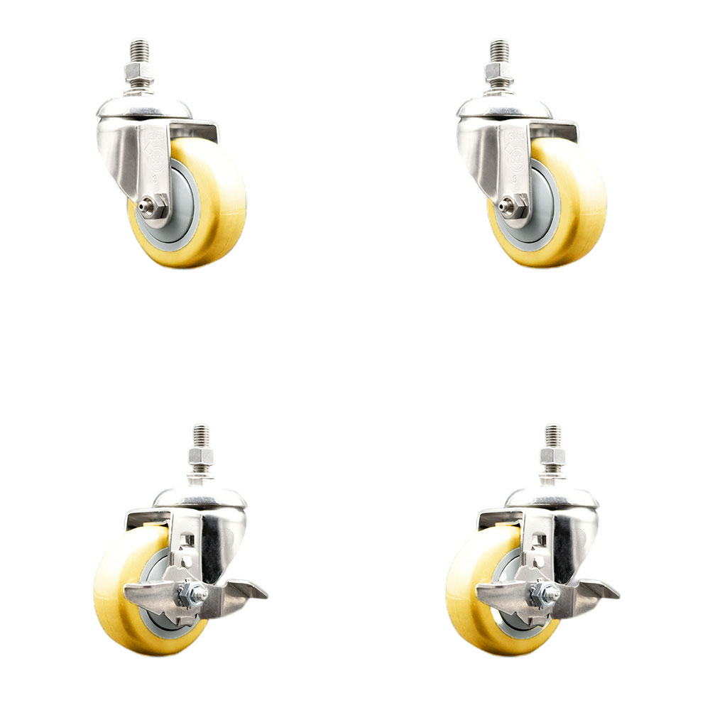 Poly Swivel Stem Caster with 3.5 in. Yellow Caster Wheels, 12 mm Threaded Stems - 316 Stainless Steel Caster - Set of 4